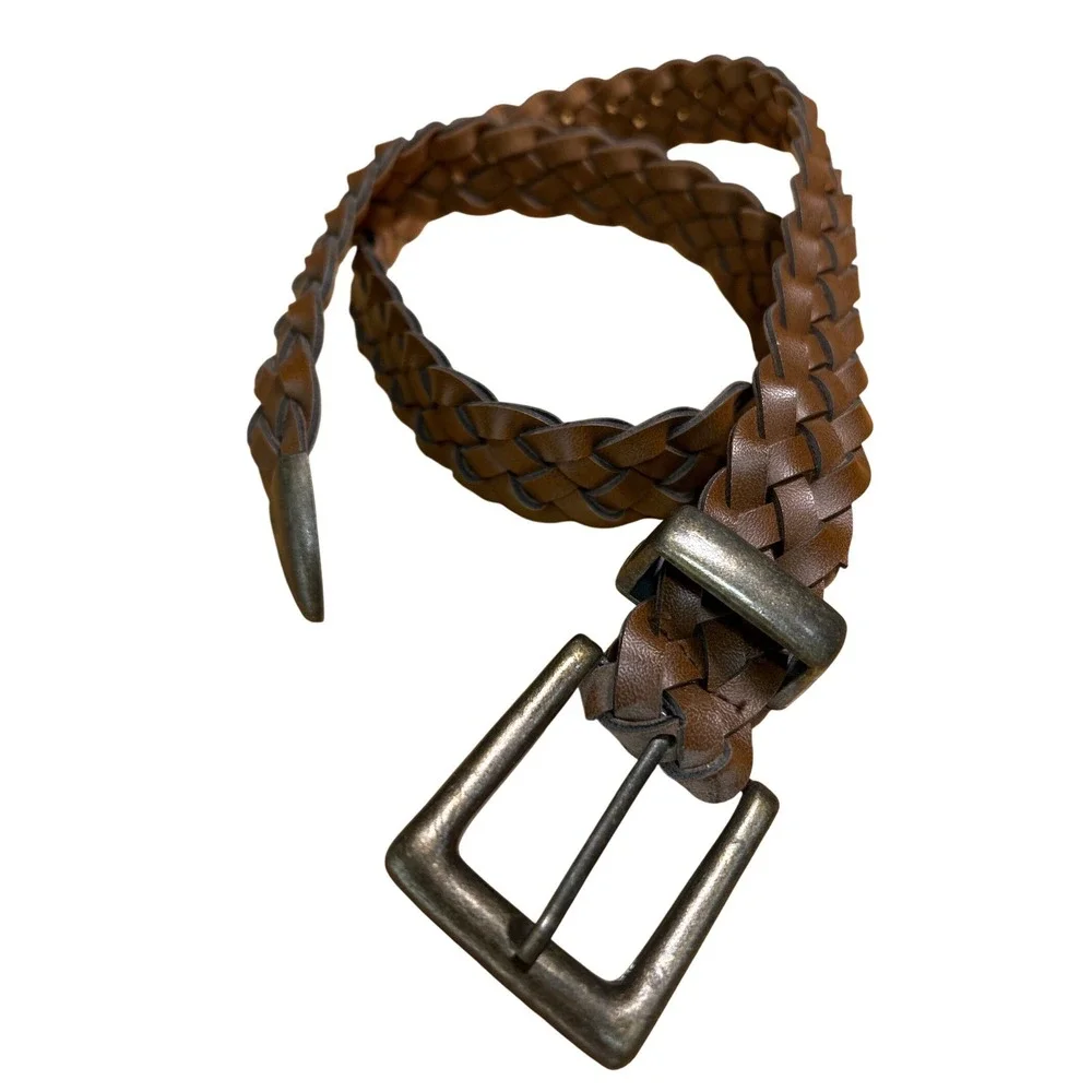 Western Braided‎ Woven Brown Leather Belt Antiqued Brass Buckle Up to Size 31